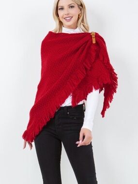 Red Fringe Knit Poncho Wrap